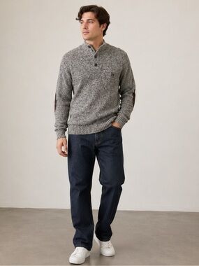 Chaps Men’s Marled Knit Henley Sweater XL Gray Brown Elbow Patch Mock Neck